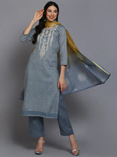 Cotton Grey Embroidered Straight Kurta Pant With-VKSKD1873